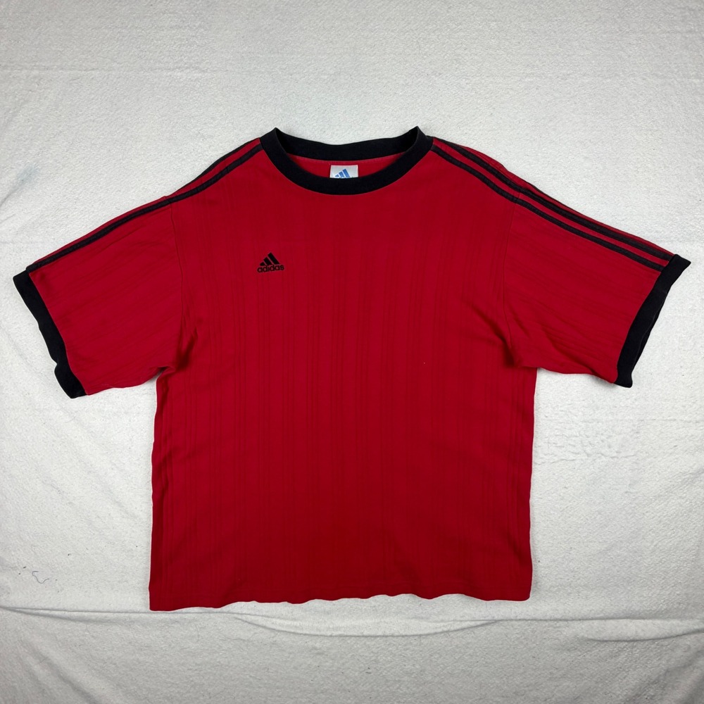 Adidas Vintage Red Ringer T-Shirt Mens Large Black 3-Stripe Ribbed Cotton Tee